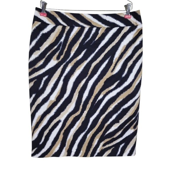 Talbots Skirt Size 10 Black Tan White Animal Print Back Zip Cotton Blend Lined - Picture 2 of 8